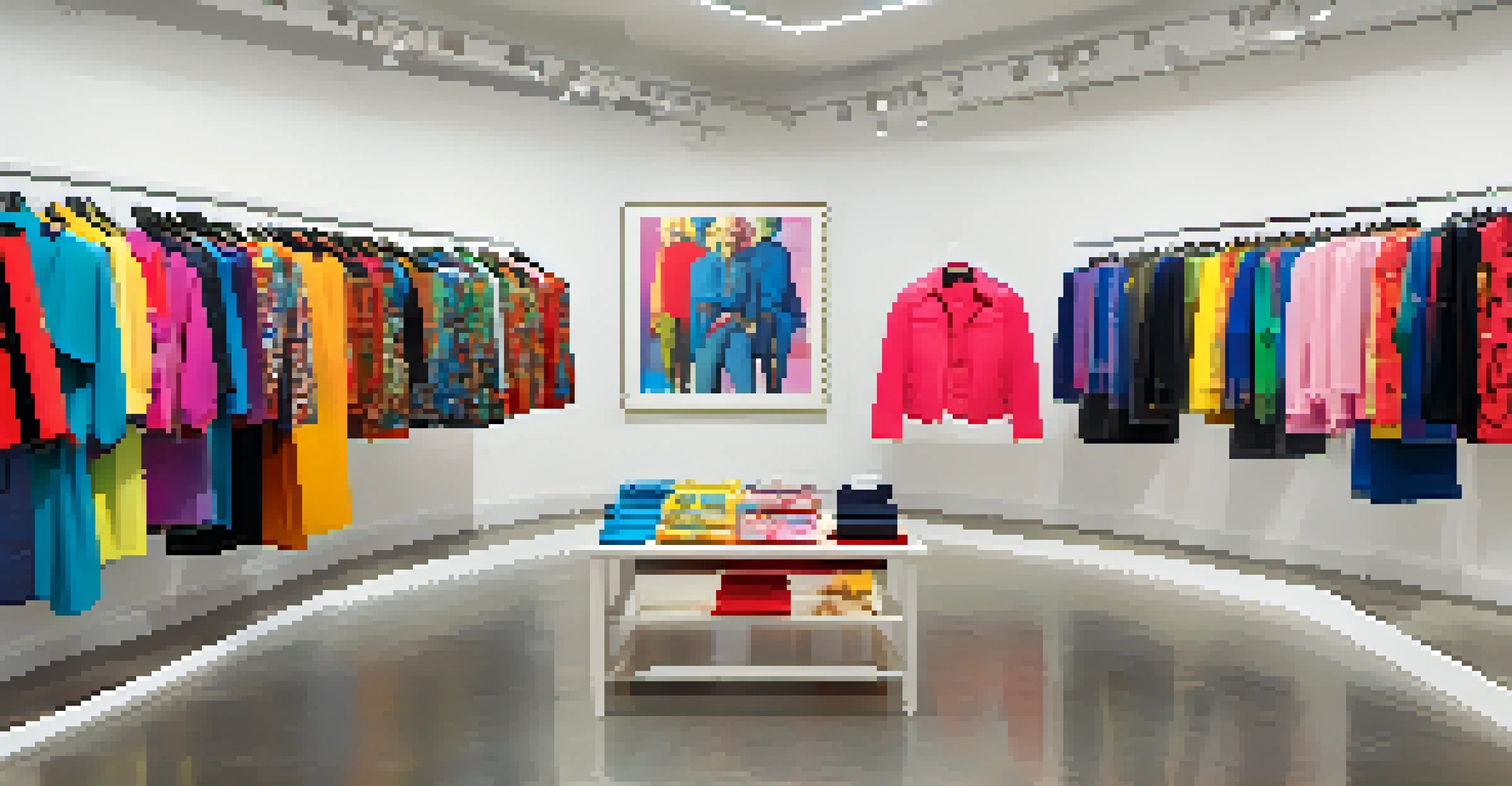 A gallery setting displaying clothing items designed with Andy Warhol's pop art prints, featuring bright colors and playful designs.