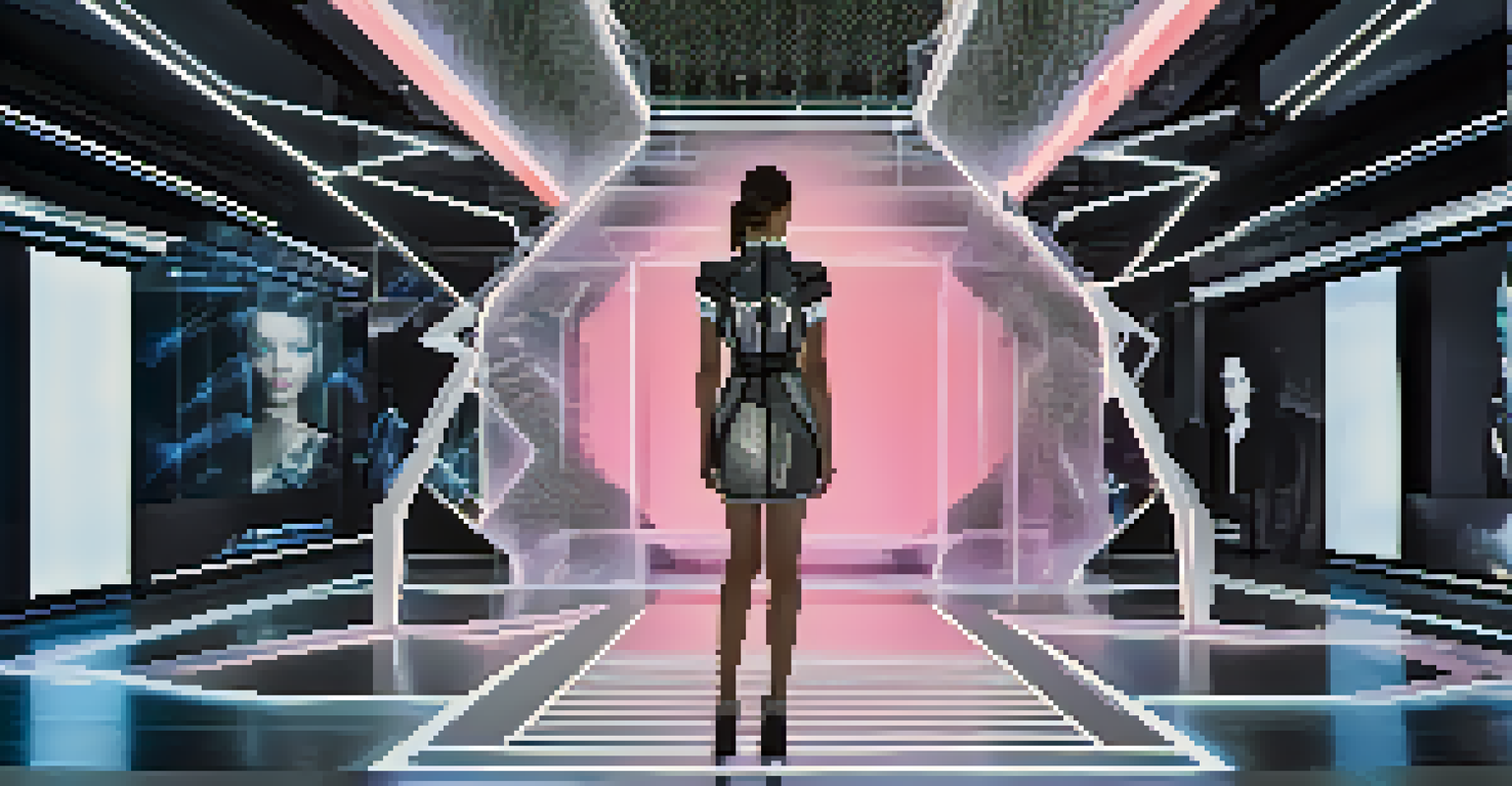 A model in a futuristic outfit with 3D-printed elements, showcased in a modern space with interactive screens.
