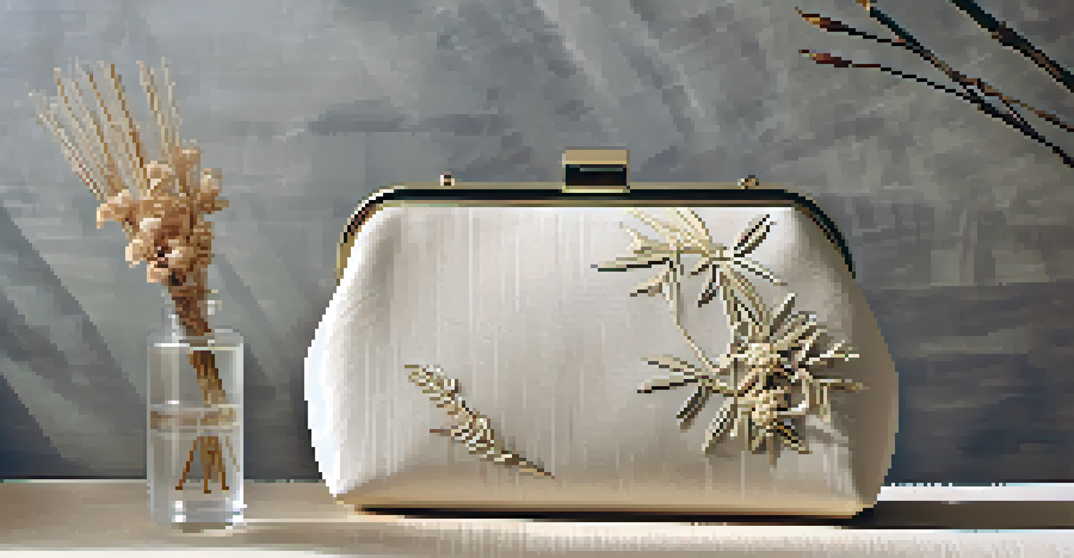 A bamboo clutch with engravings, placed on textured fabric with dried flowers around it.