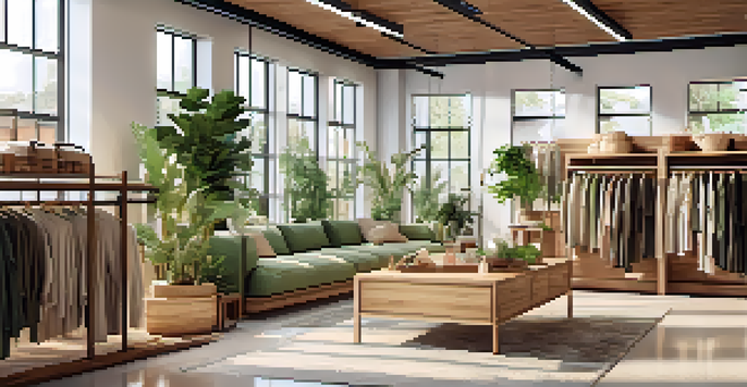 Interior of an ethical fashion store with sustainable clothing displayed on wooden racks and plants decorating the space.