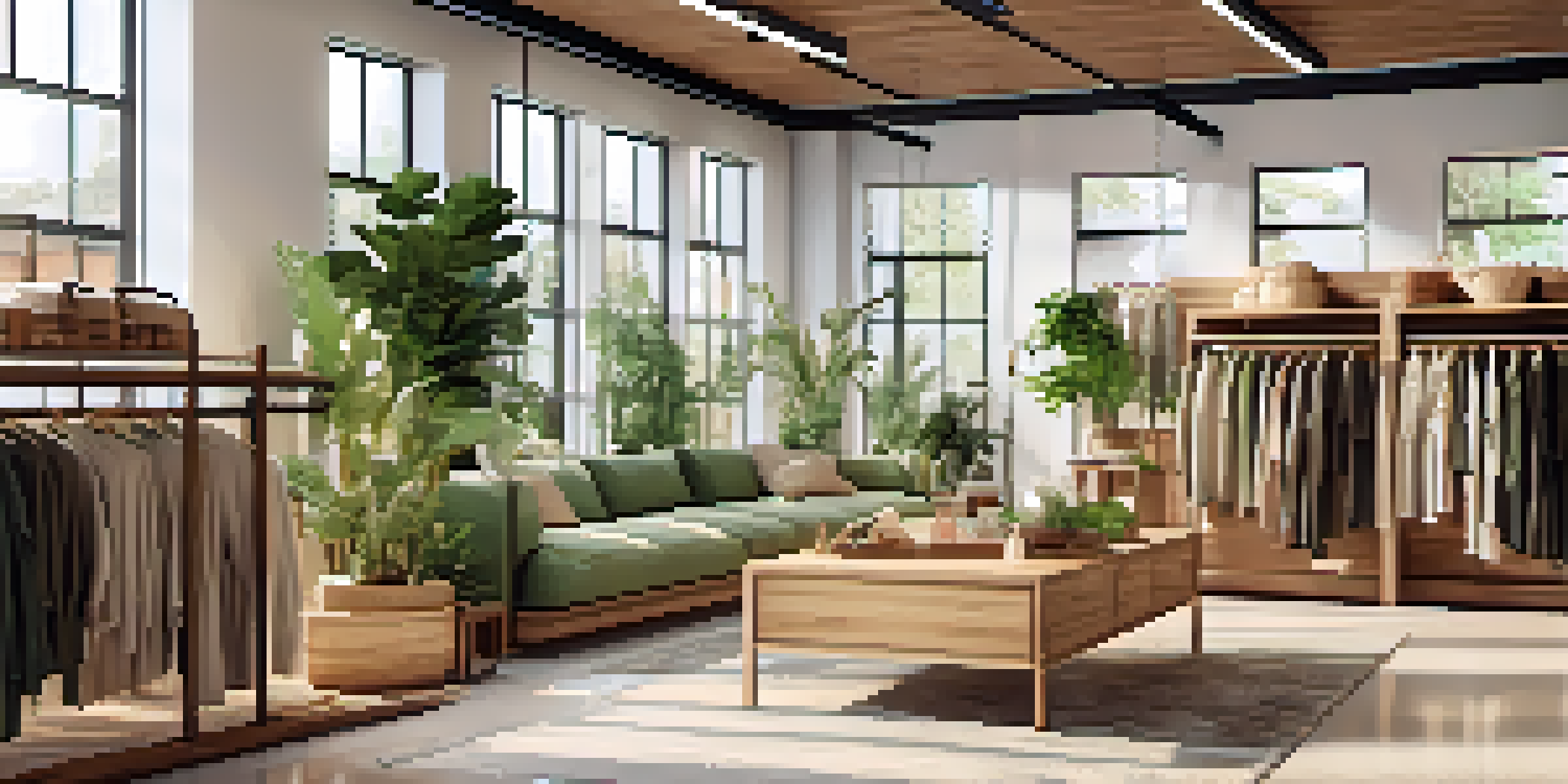 Interior of an ethical fashion store with sustainable clothing displayed on wooden racks and plants decorating the space.