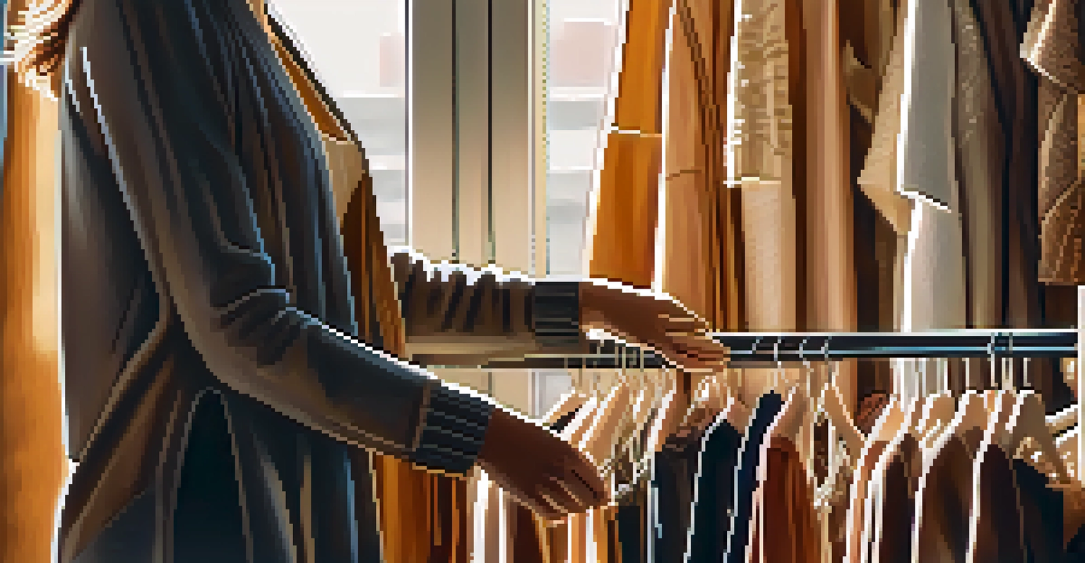 A close-up of a person selecting sustainable clothing from a rack in a boutique with warm lighting.