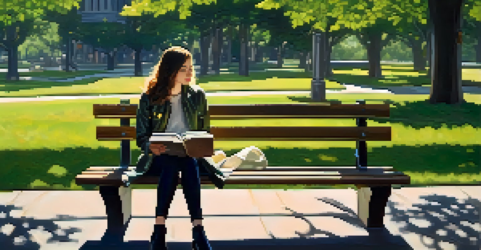 A person wearing a sustainable outfit made from recycled materials, seated on a park bench in a lush green environment.