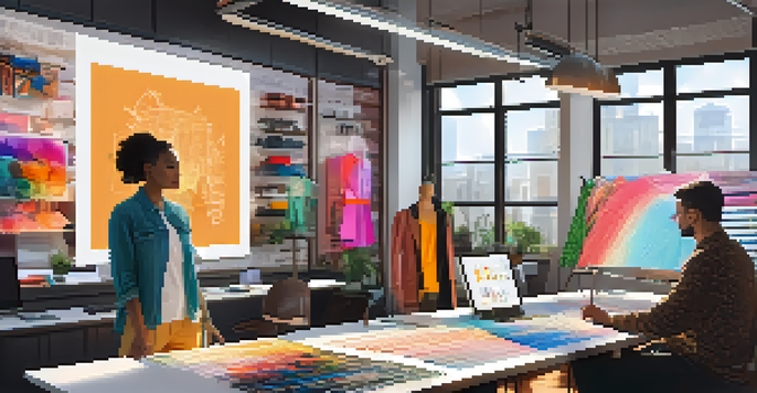 A fashion designer and a software engineer working together in a bright studio, with sketches and digital screens in the background.