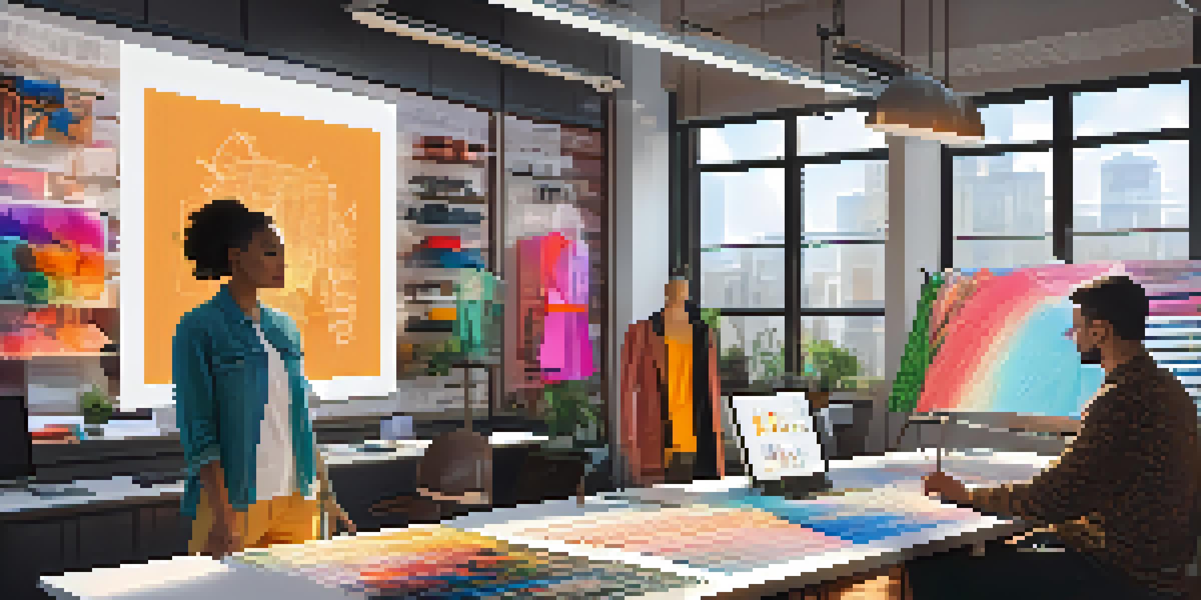 A fashion designer and a software engineer working together in a bright studio, with sketches and digital screens in the background.