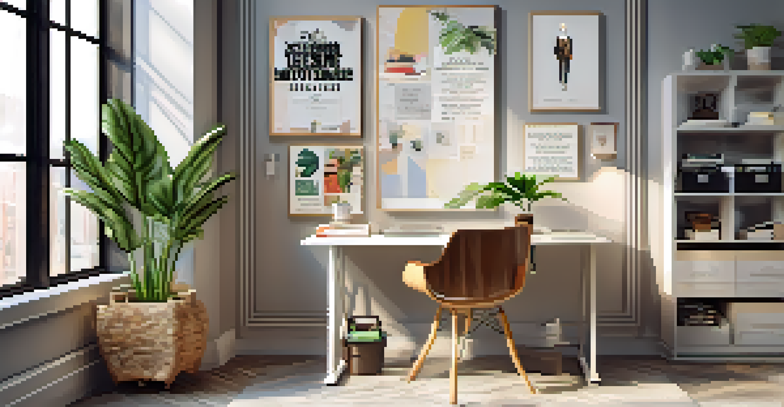 A stylish workspace with a motivational outfit on a mannequin, surrounded by inspiring quotes, a potted plant, and bright natural light.