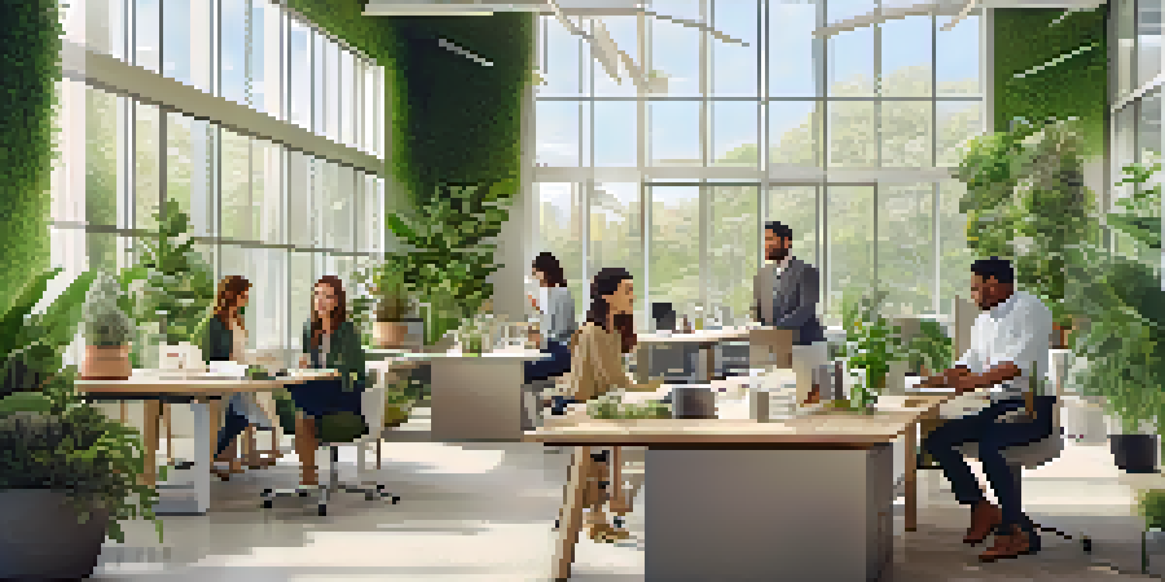 A bright modern office with employees wearing eco-friendly clothing made from sustainable materials, surrounded by plants.
