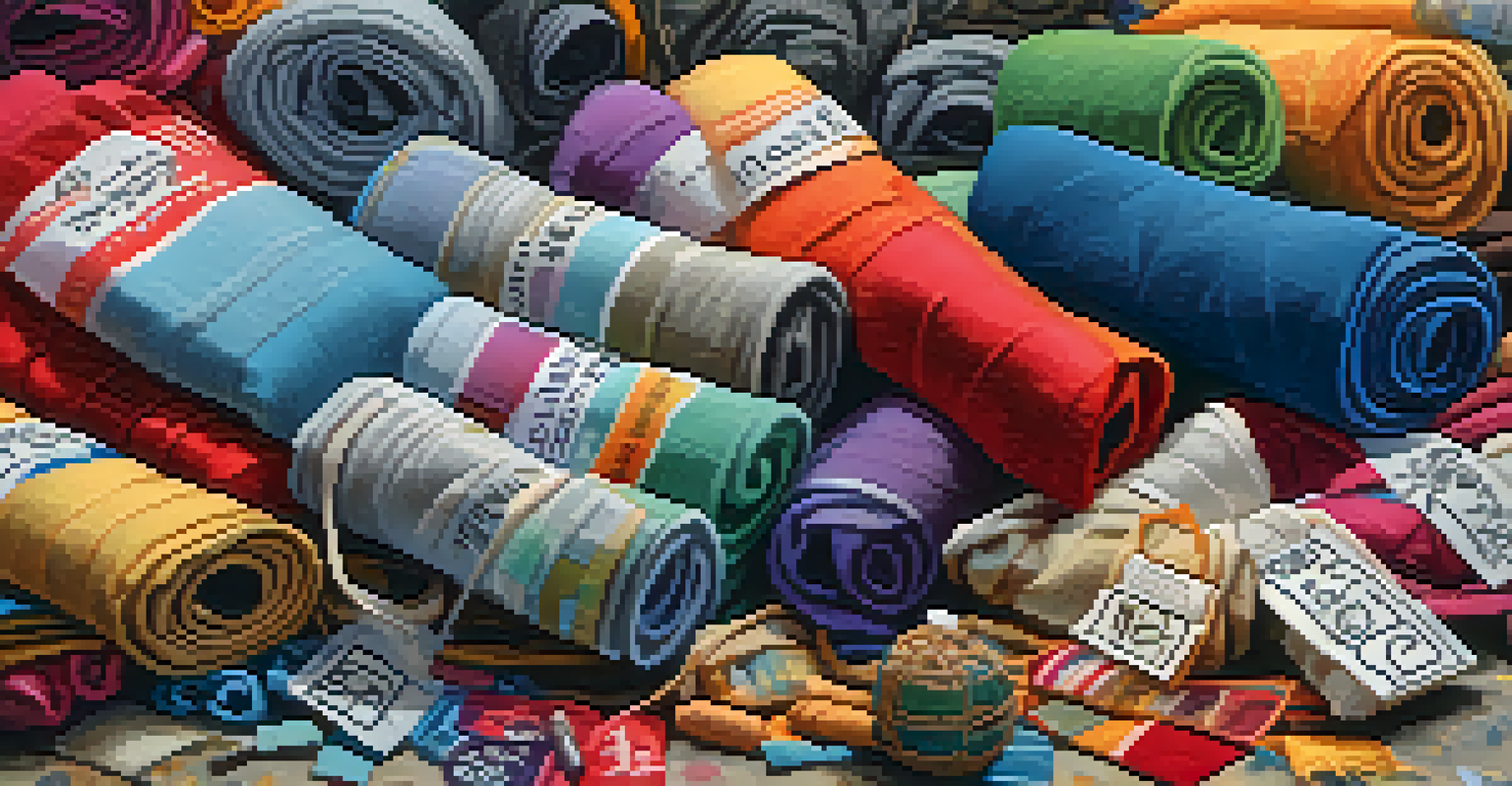 Close-up of hands sorting through colorful discarded textiles with recycling labels, showcasing the fabric textures.