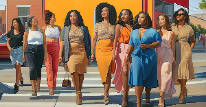 A group of diverse women of various ethnicities and body types confidently wearing unique fashion styles against a colorful mural promoting empowerment.