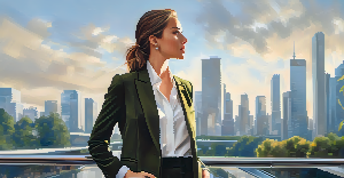 A young professional woman in a tailored blazer and trousers, standing in a modern city with glass buildings behind her.