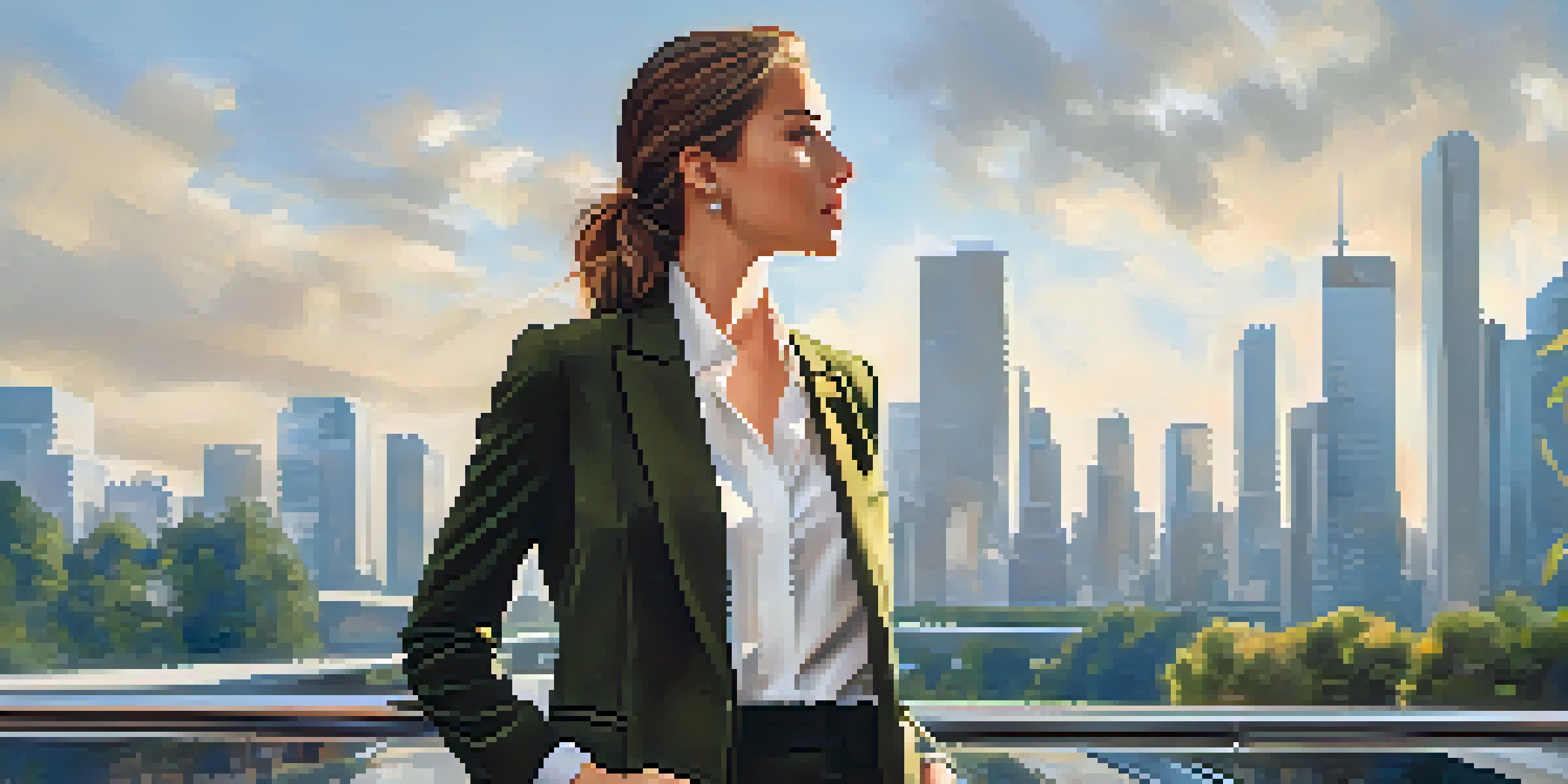 A young professional woman in a tailored blazer and trousers, standing in a modern city with glass buildings behind her.