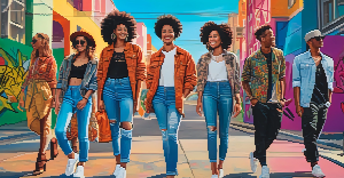 A lively street scene with a diverse group of young adults wearing trendy outfits, laughing and posing against a colorful urban backdrop.
