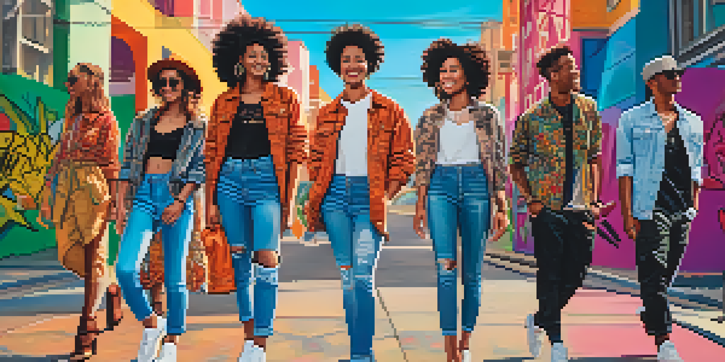 A lively street scene with a diverse group of young adults wearing trendy outfits, laughing and posing against a colorful urban backdrop.