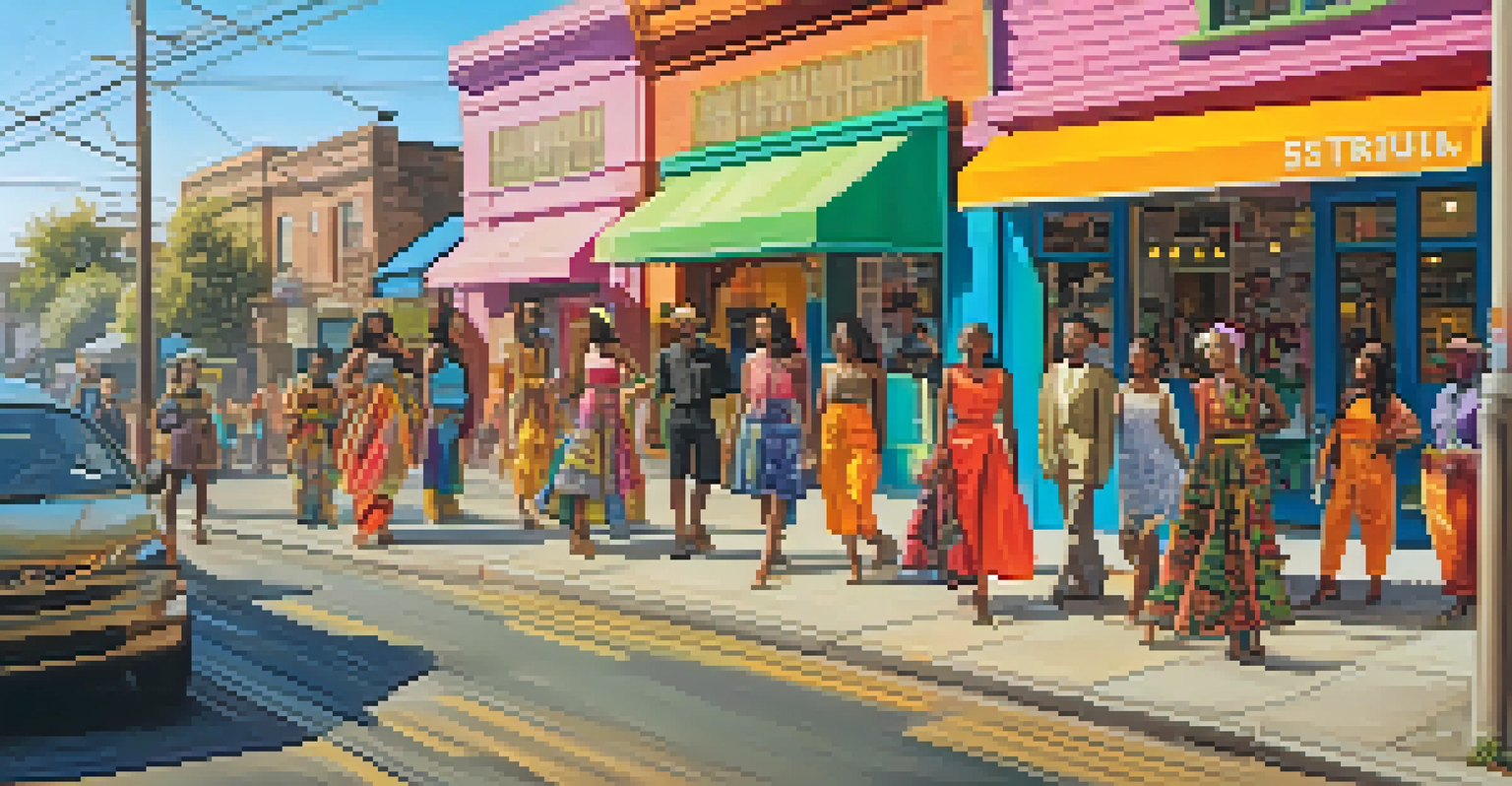 A lively street scene with diverse individuals dressed in sustainable fashion against a colorful mural promoting eco-friendliness.