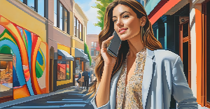 A young professional woman in a stylish outfit stands in front of a colorful mural, holding her phone and enjoying the vibrant street scene.
