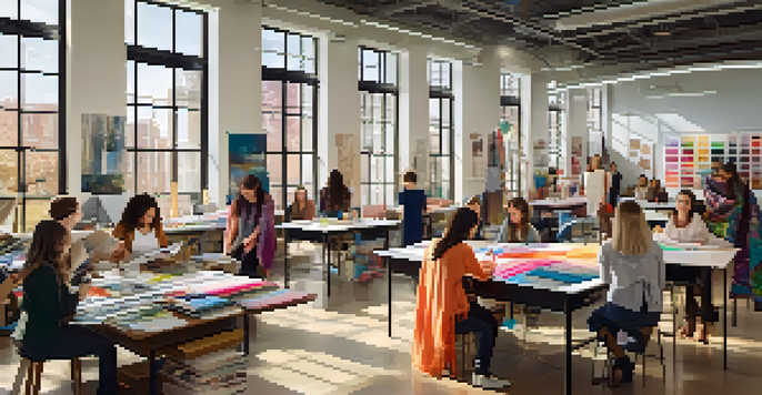 A lively fashion classroom with students discussing design, colorful fabrics around, and natural light streaming in.