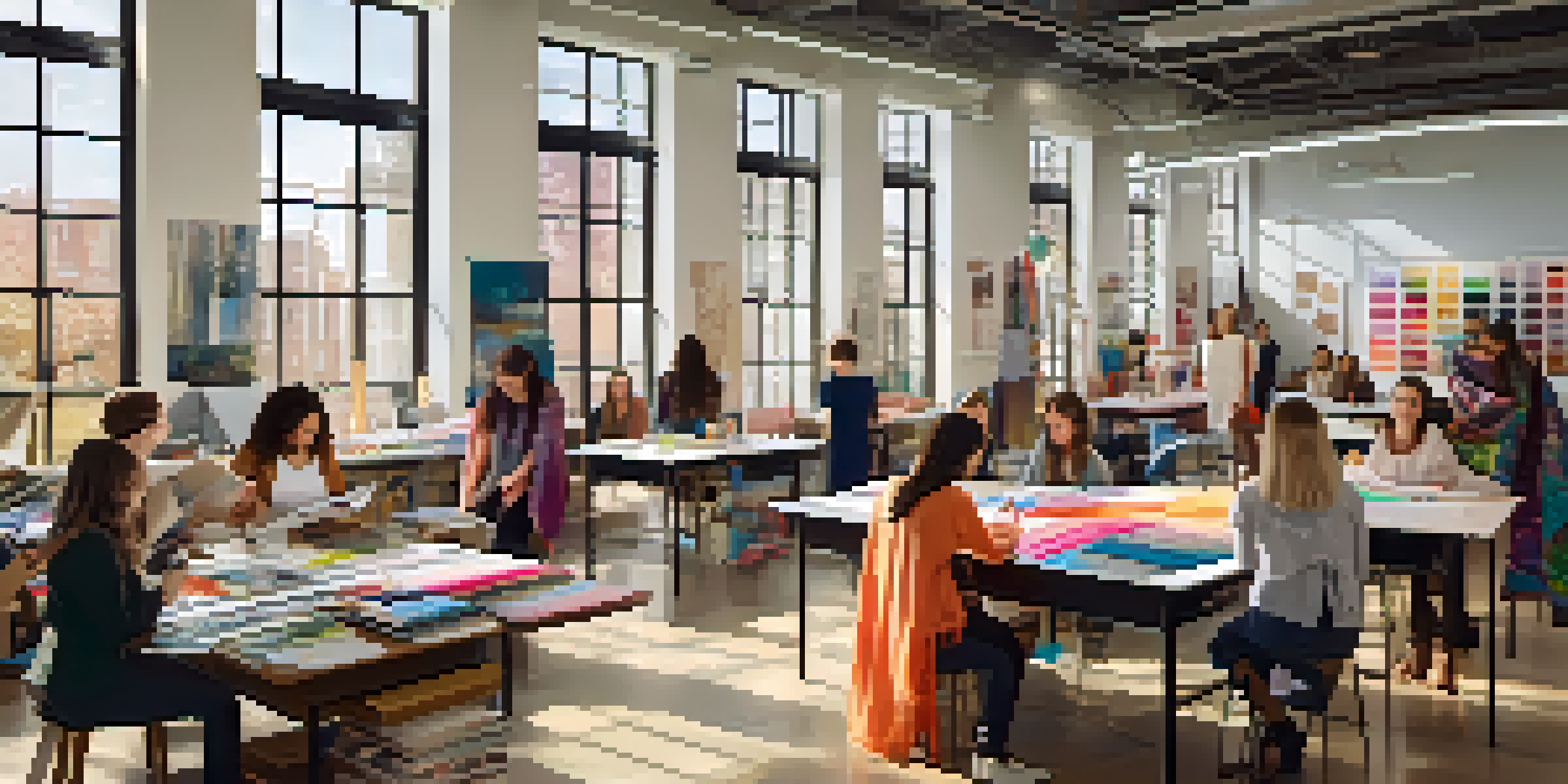 A lively fashion classroom with students discussing design, colorful fabrics around, and natural light streaming in.