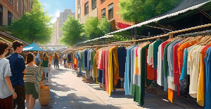 An urban market scene featuring stalls with eco-friendly clothing and consumers discussing sustainable fashion practices in a natural light setting.