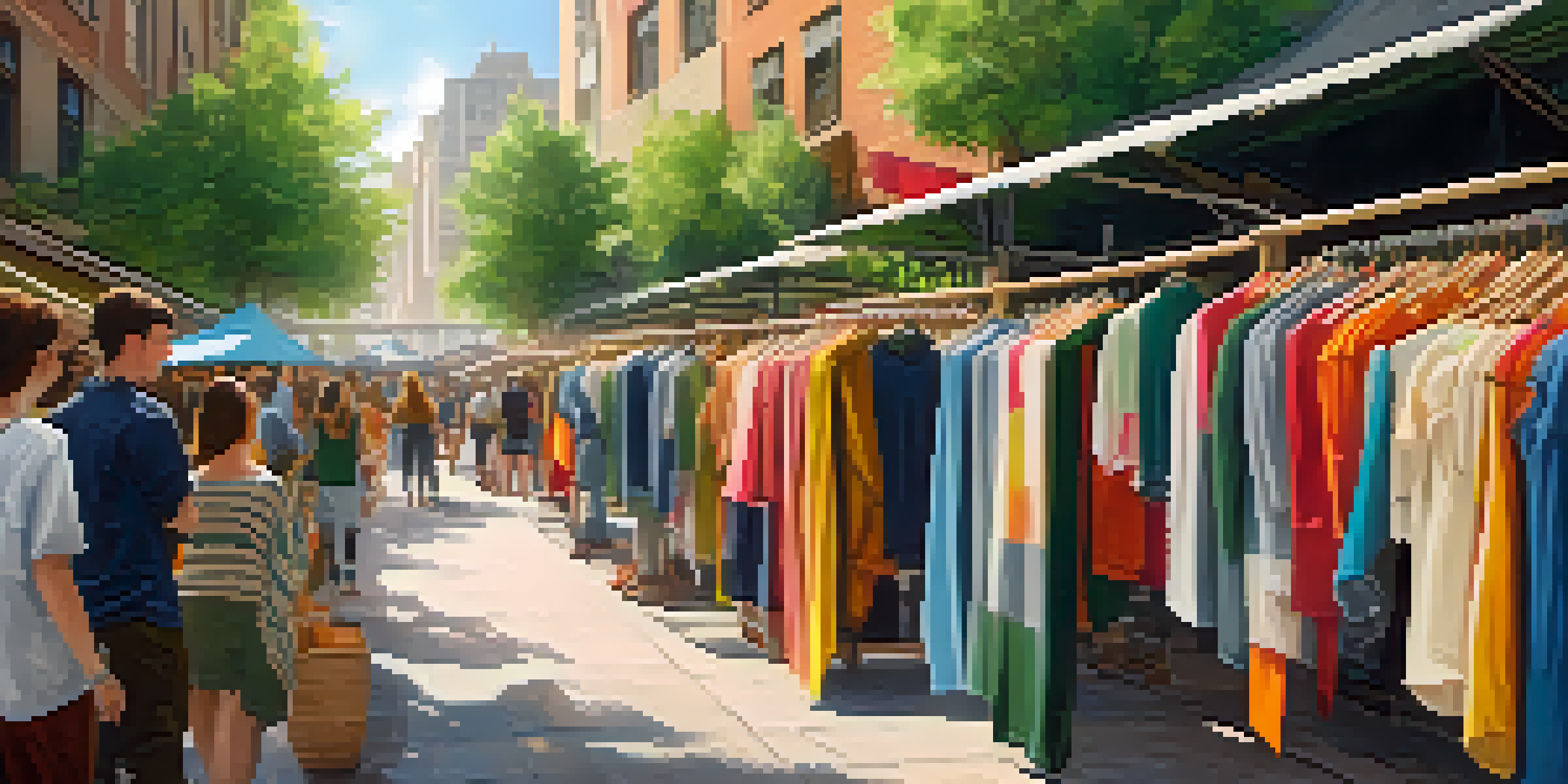 An urban market scene featuring stalls with eco-friendly clothing and consumers discussing sustainable fashion practices in a natural light setting.