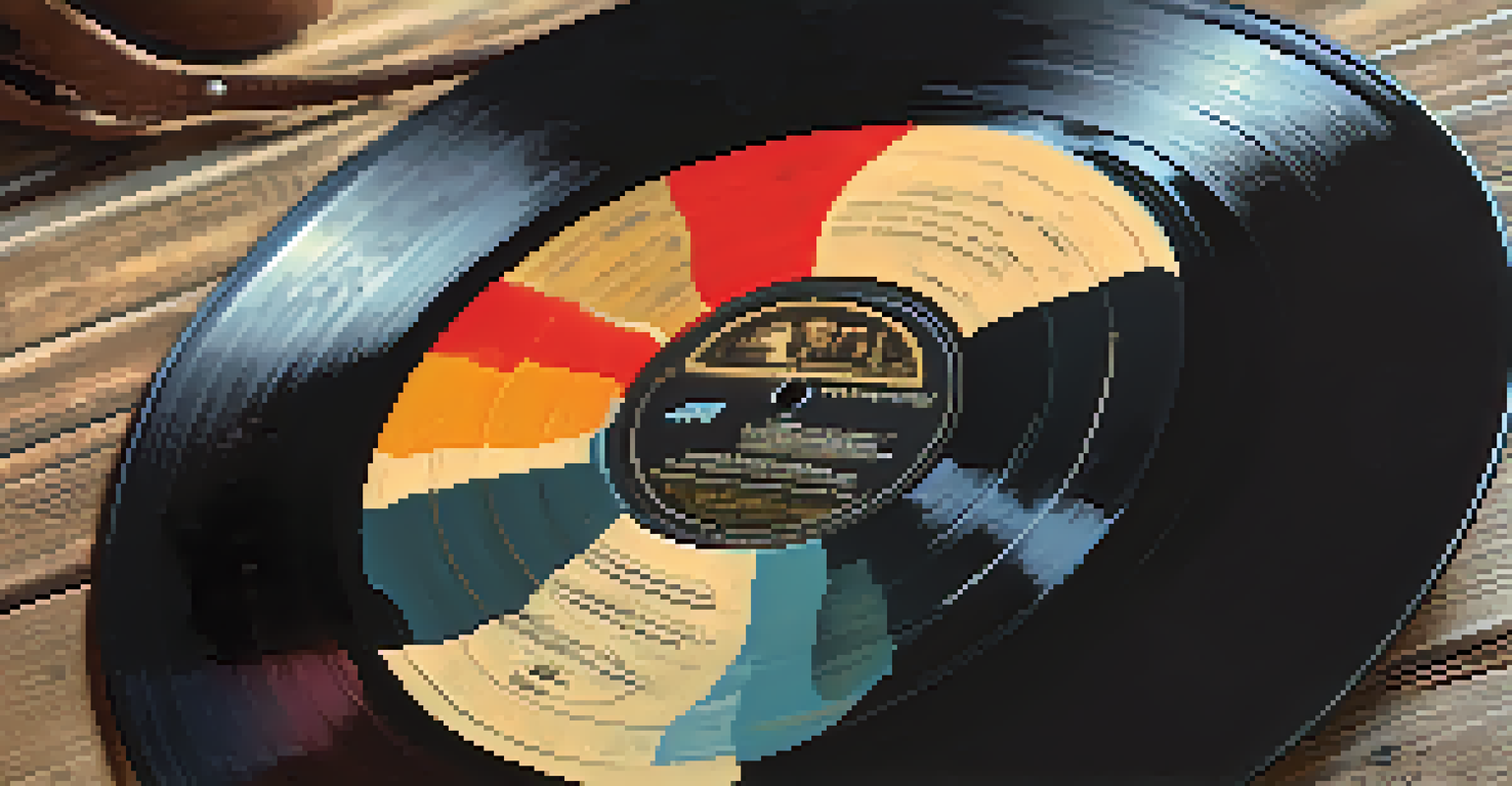 A close-up of a vintage vinyl record with a jazz album cover on a rustic wooden table, surrounded by a fedora hat and vintage sunglasses.