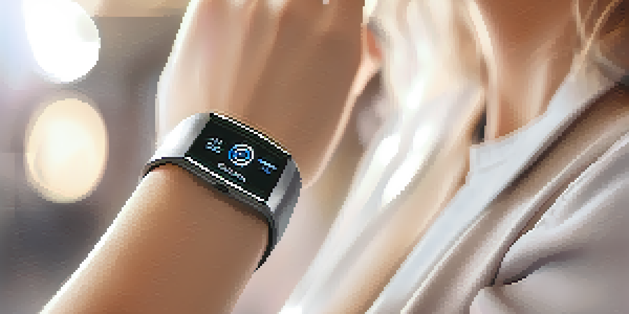 A close-up of a stylish fitness tracker on a woman's wrist in a yoga studio with warm lighting.