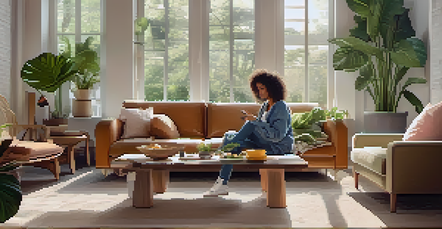 A person in a sustainable outfit sitting in a bright living room with plants and a smartphone showing fashion content.