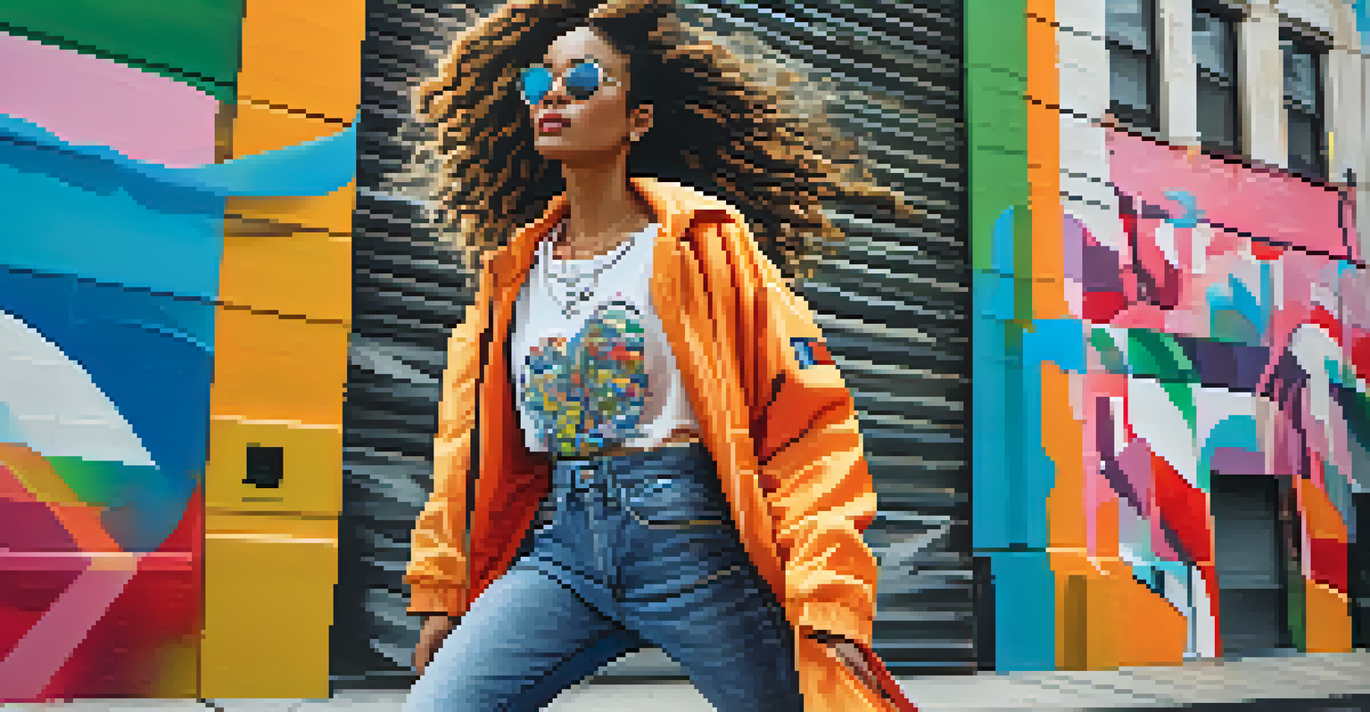 A young woman in an oversized colorful jacket and sneakers, posed against a vibrant mural in an urban environment.