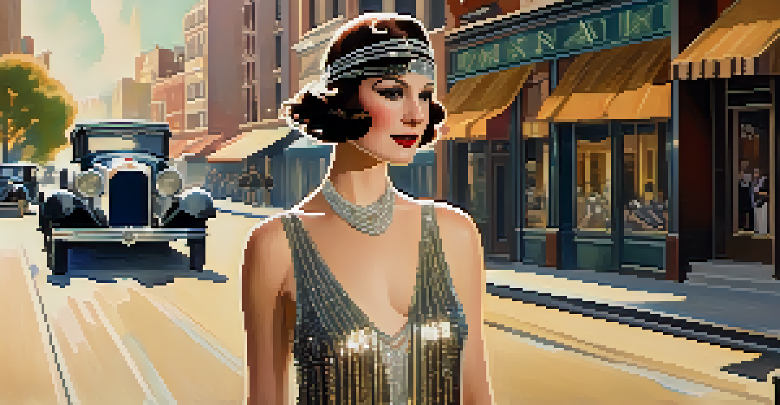 A fashionable woman in a flapper dress standing on a city street with Art Deco buildings in the background.