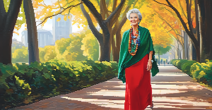 An older woman in a bright red dress with a statement necklace and colorful scarf, confidently posing in a sunny park.