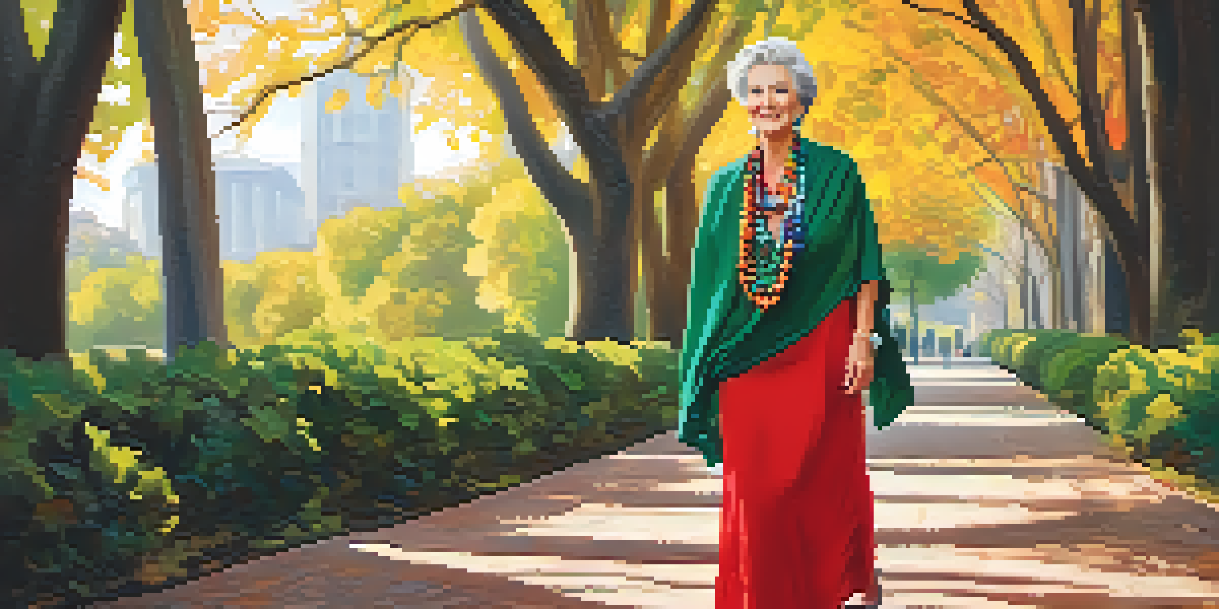 An older woman in a bright red dress with a statement necklace and colorful scarf, confidently posing in a sunny park.