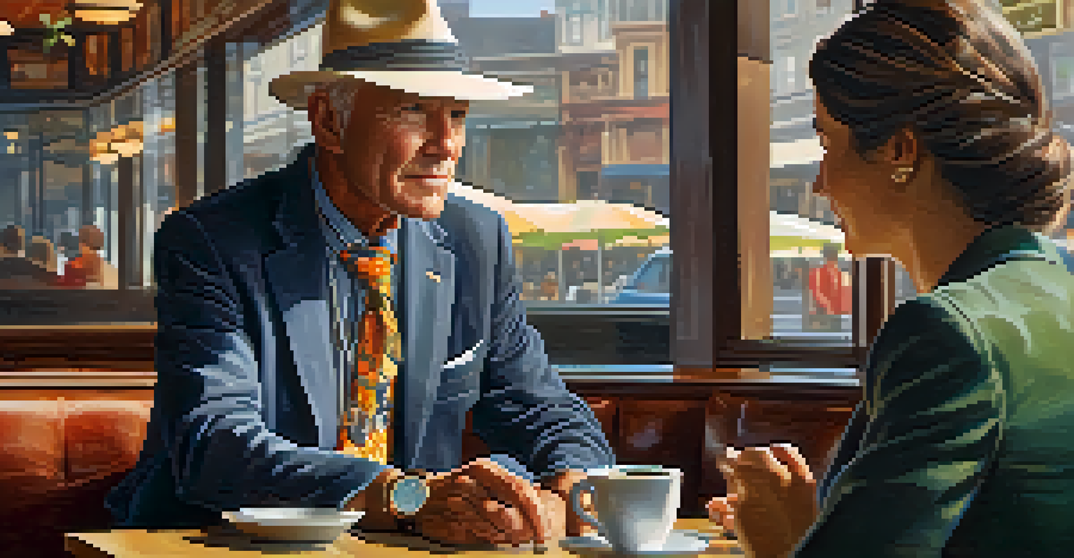 An older man in a tailored blazer and bright shirt sitting at a coffee shop, chatting with a friend.