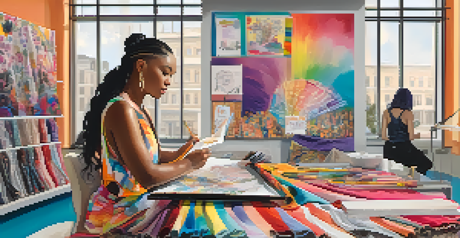 A fashion designer sketching in a colorful workspace filled with fabrics and inspirational quotes about diversity.