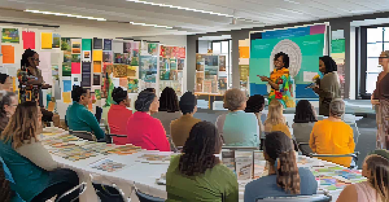 A community workshop on fair trade fashion with diverse participants discussing ethical consumerism and sustainable clothing.
