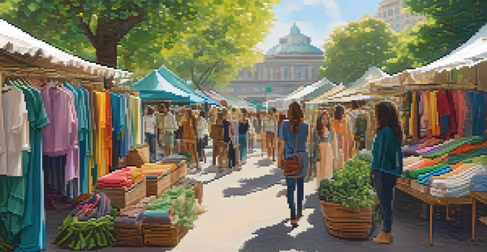 A lively market scene featuring various stalls of ethical fashion brands with colorful fabrics and certification labels, amidst greenery and sunlight.