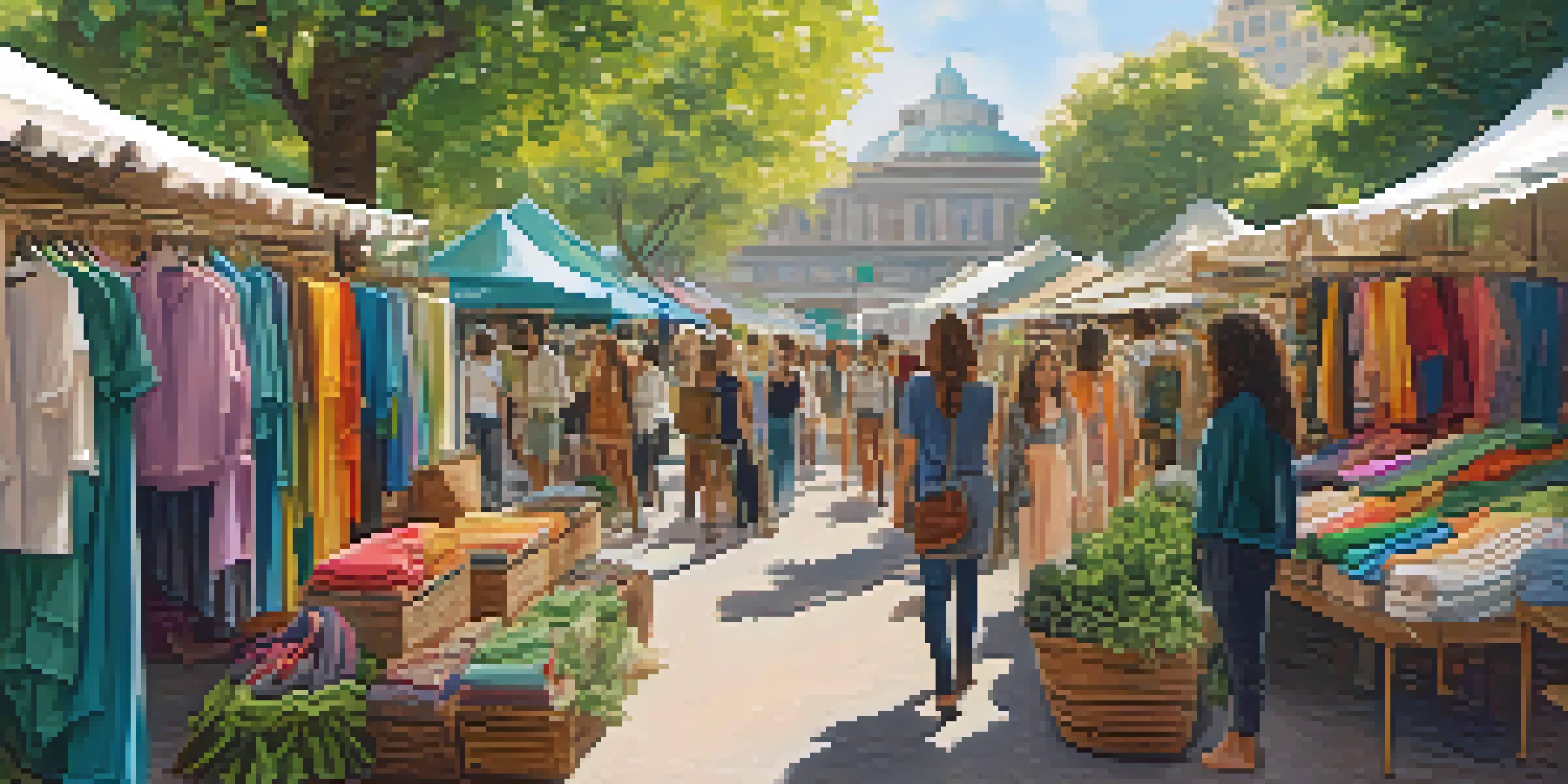 A lively market scene featuring various stalls of ethical fashion brands with colorful fabrics and certification labels, amidst greenery and sunlight.