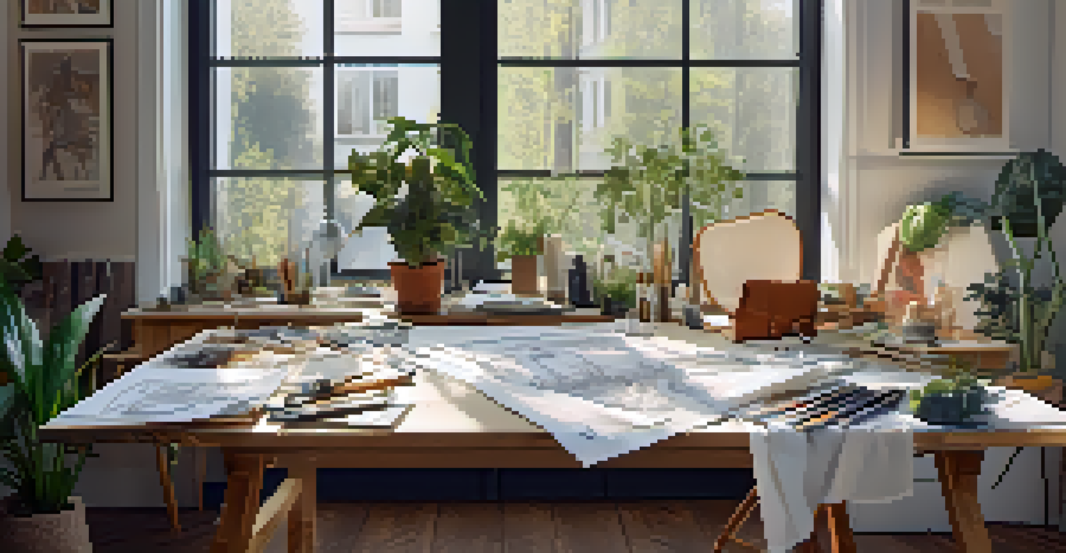 A fashion designer's workspace filled with sketches, eco-friendly materials, and plants, illuminated by warm natural light.