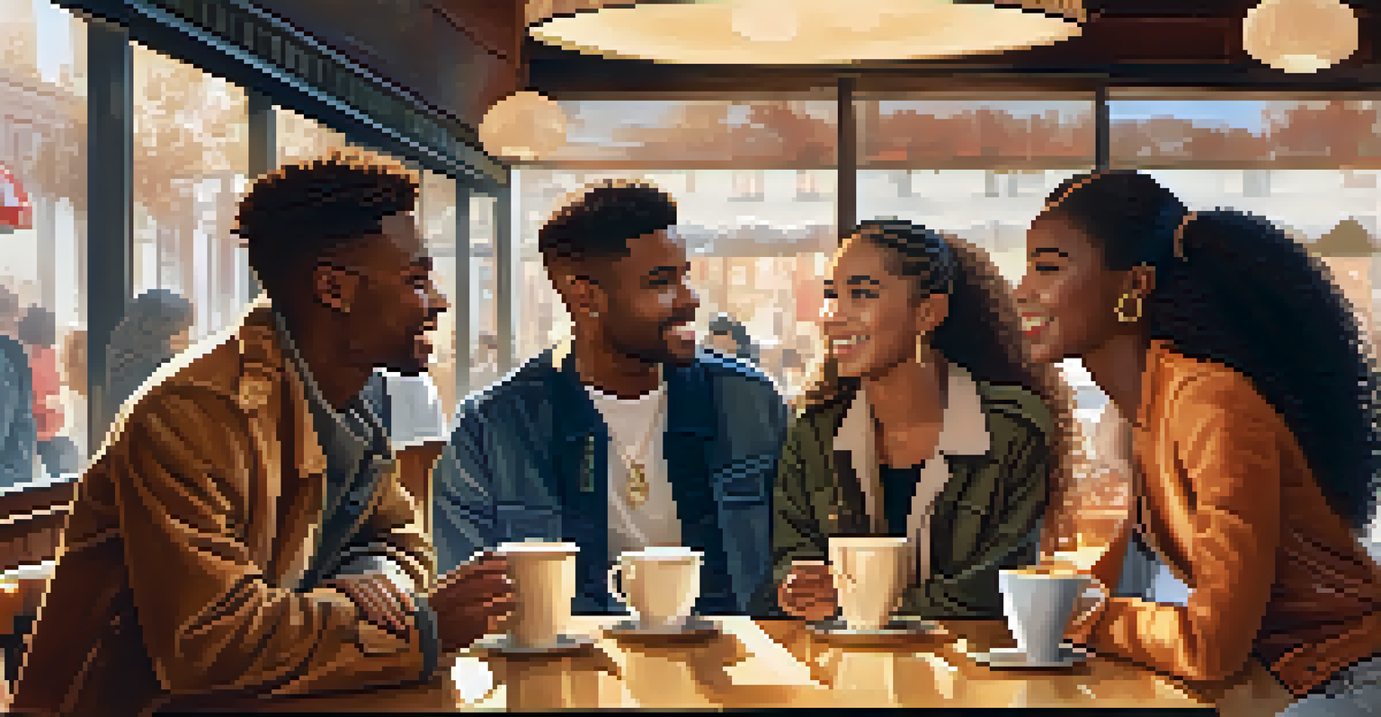 A diverse group of young adults wearing fashionable outfits in a cozy café, engaged in conversation, with warm lighting creating an inviting atmosphere.
