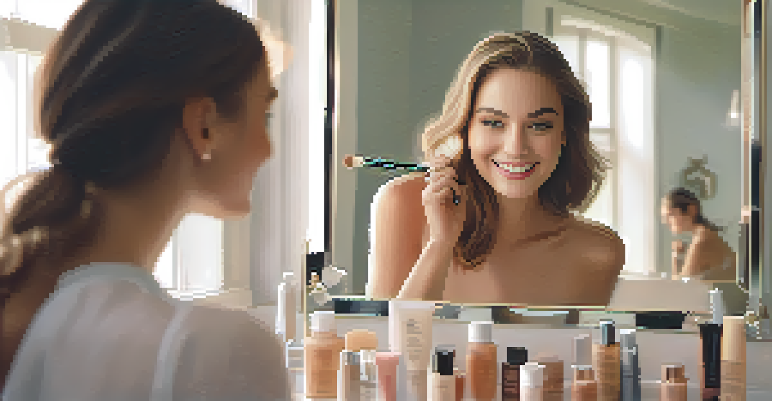A close-up of a model applying makeup in a bright bathroom, emphasizing self-acceptance and beauty with natural light.