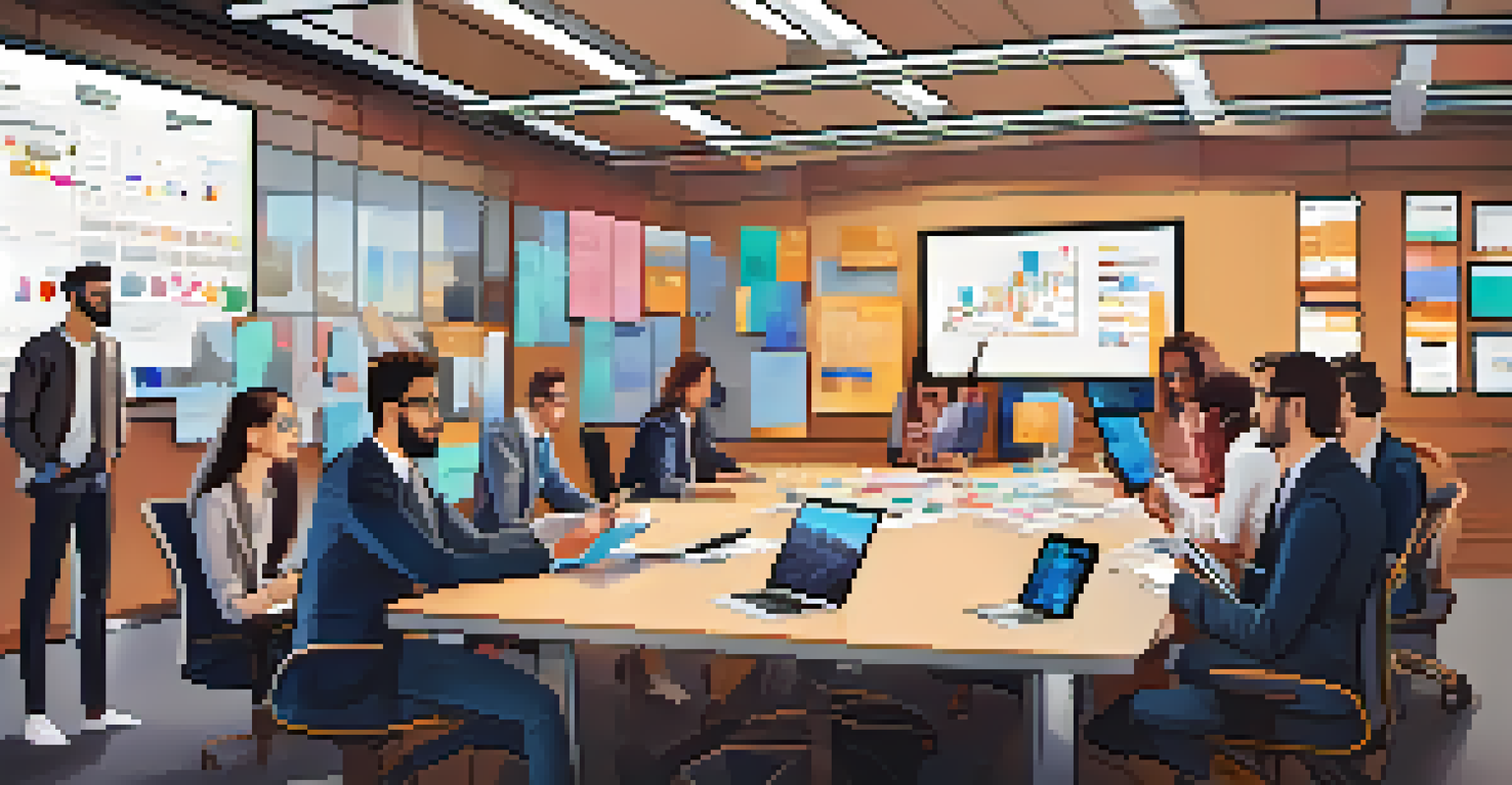 A diverse digital marketing team discussing a crisis management plan for a fashion brand, surrounded by laptops and analytics on a screen.