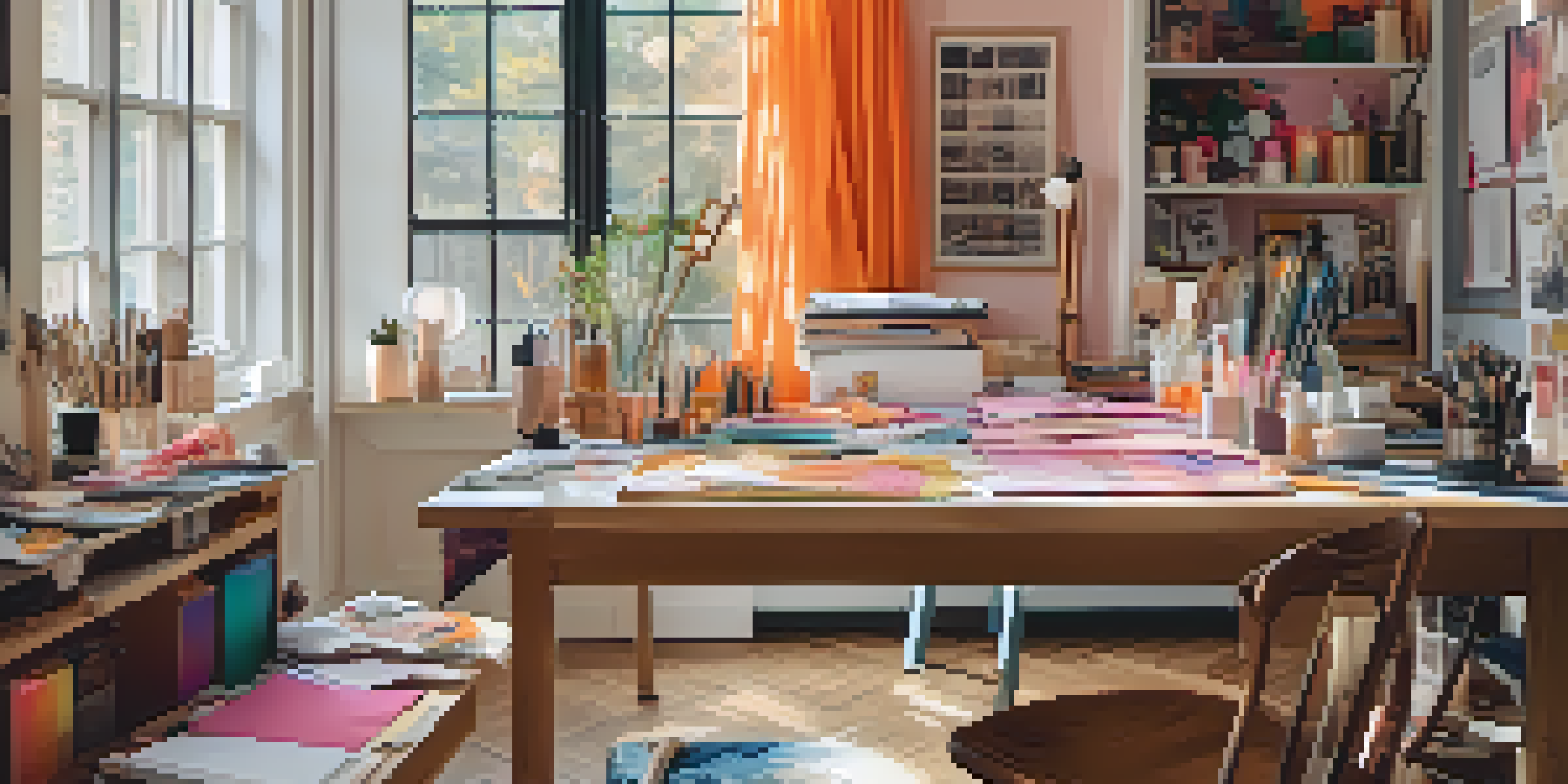 A bright and colorful workspace of a freelance fashion designer with fabrics, sketches, and a mood board.