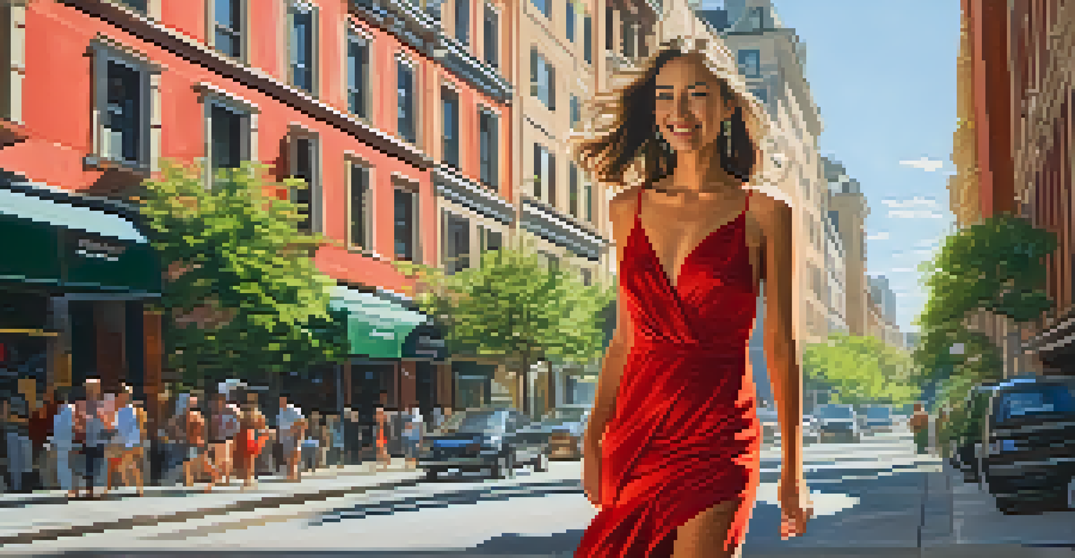 A young woman in a red dress walking confidently in a sunlit city street, with buildings and greenery in the background.