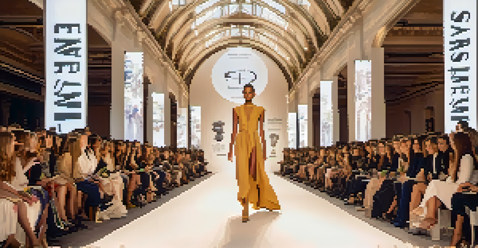 Models walking on a runway showcasing sustainable fashion with banners about sustainability in the background.