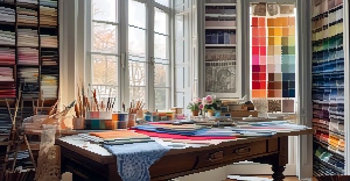 A fashion designer's workspace filled with colorful fabric swatches, sketchbooks, and sewing tools, illuminated by natural light.