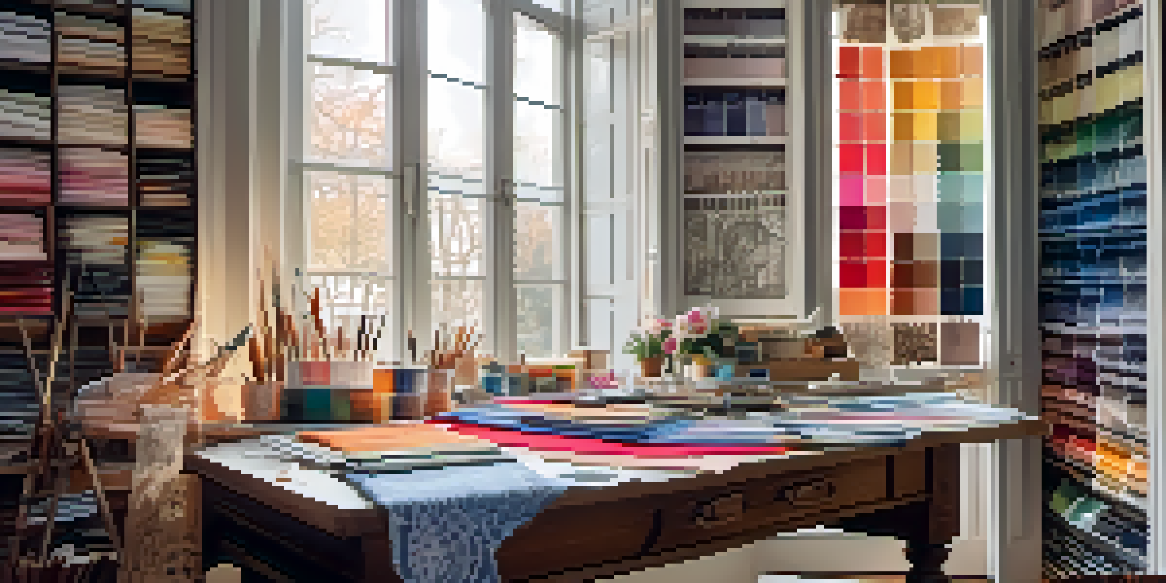 A fashion designer's workspace filled with colorful fabric swatches, sketchbooks, and sewing tools, illuminated by natural light.