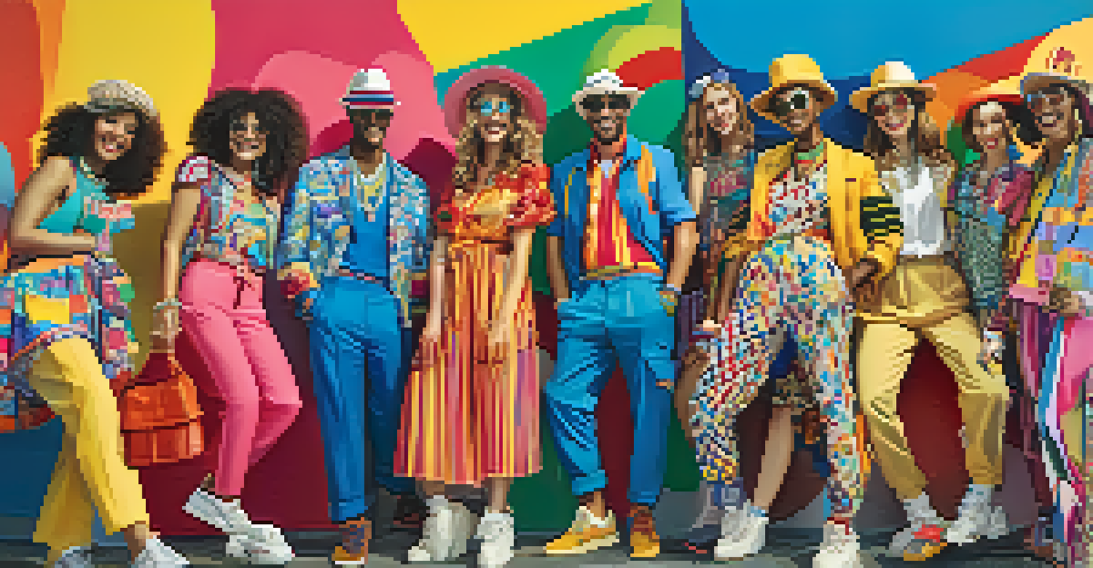 A group of friends wearing playful, carnival-inspired outfits with bright colors and patterns, in front of a colorful mural.