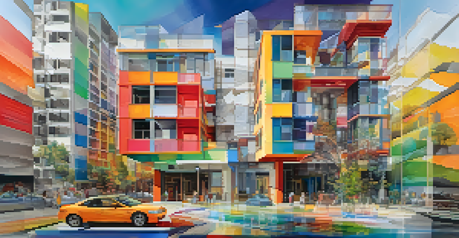 An abstract depiction of architectural design featuring a color wheel and sketches of buildings in various color schemes.