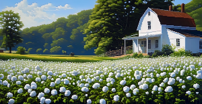 A tranquil view of a field filled with organic cotton flowers, with a blue sky and an eco-friendly farmhouse in the background.