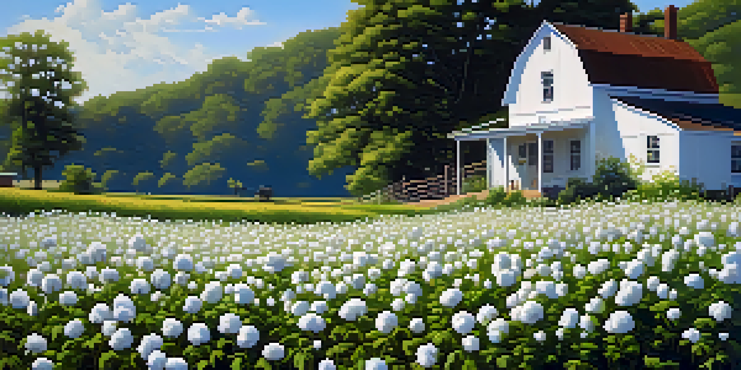 A tranquil view of a field filled with organic cotton flowers, with a blue sky and an eco-friendly farmhouse in the background.