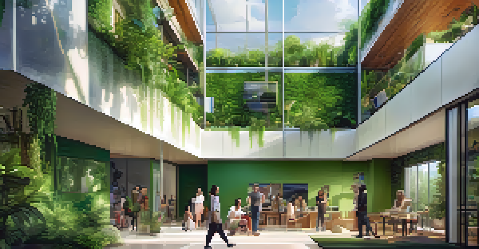 A modern building with green walls and solar panels, surrounded by people in eco-friendly clothing, illustrating sustainability in fashion and architecture.
