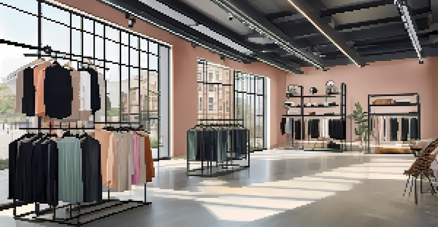 An interior of a fashion boutique showcasing high ceilings and geometric racks with clothing, in a mix of pastel and bold colors.